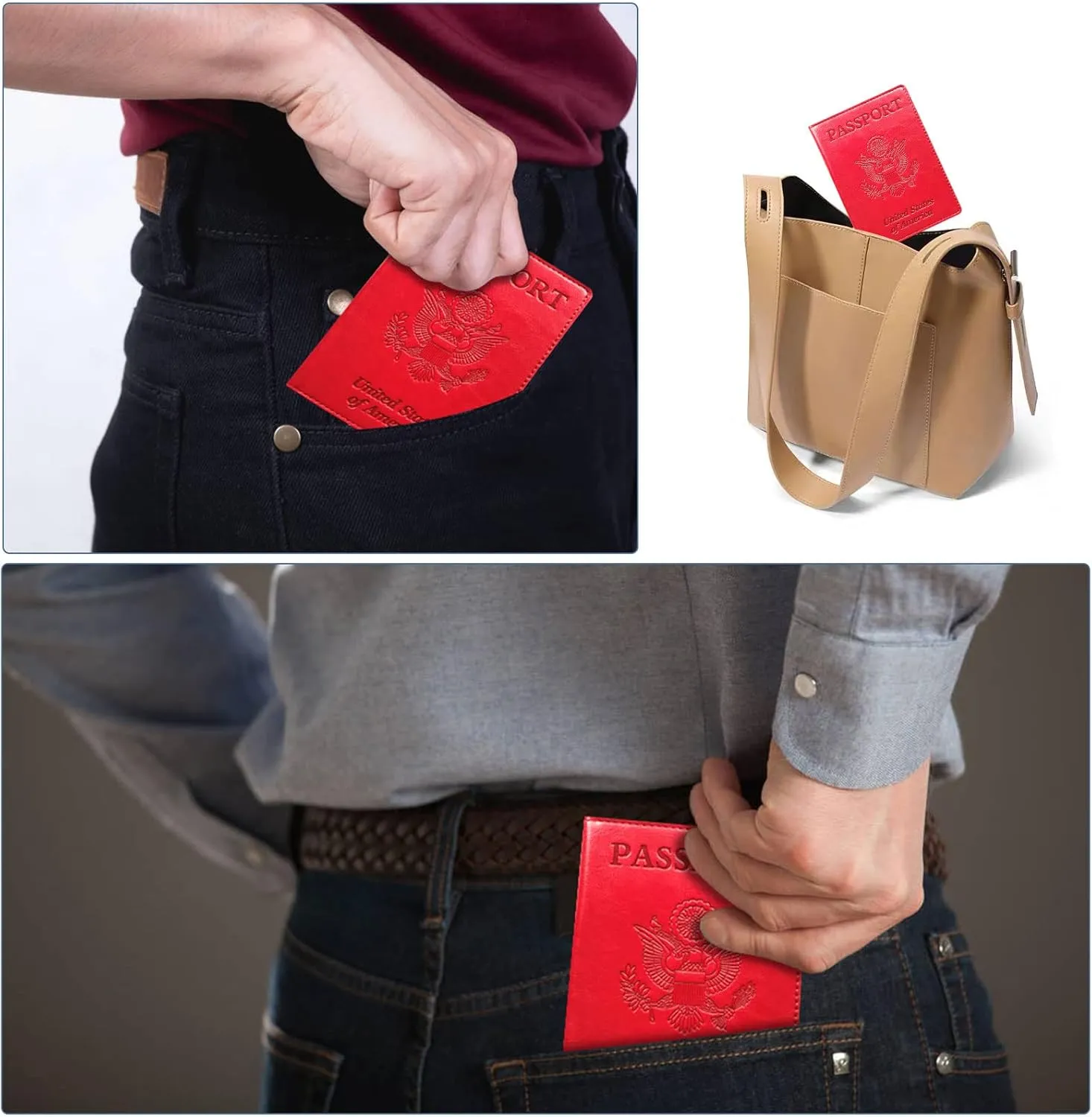 Passport Holder Cover Wallet Case RFID Blocking Leather Card Slot Travel Accessories Documents Organizer Protector for Women Men, Red