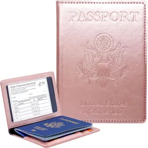 Passport Holder Cover Wallet Case RFID Blocking Leather Card Slot Travel Accessories Documents Organizer Protector for Women Men, Rose Gold