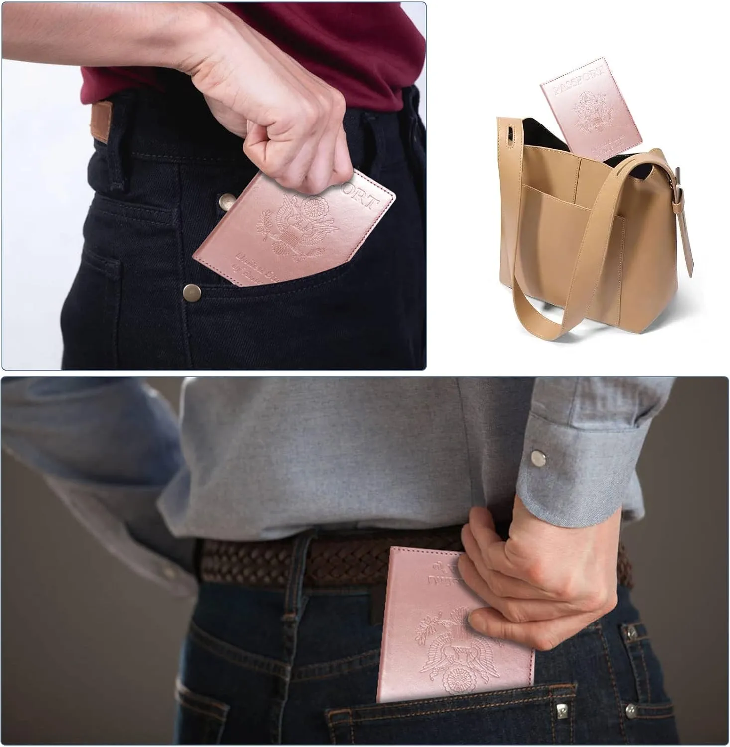Passport Holder Cover Wallet Case RFID Blocking Leather Card Slot Travel Accessories Documents Organizer Protector for Women Men, Rose Gold