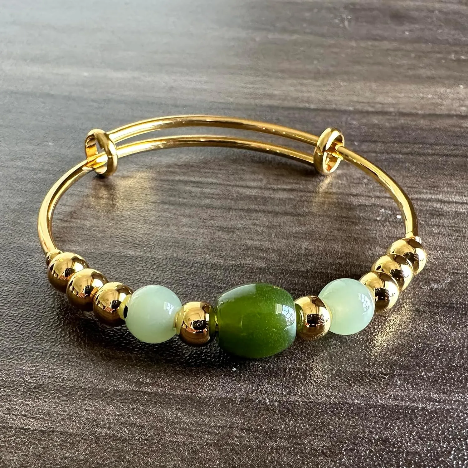 PEAS 18K Gold Plated Jewelry Faux Jade Bead Stone Bracelet Adjustable Cuff Bracelet