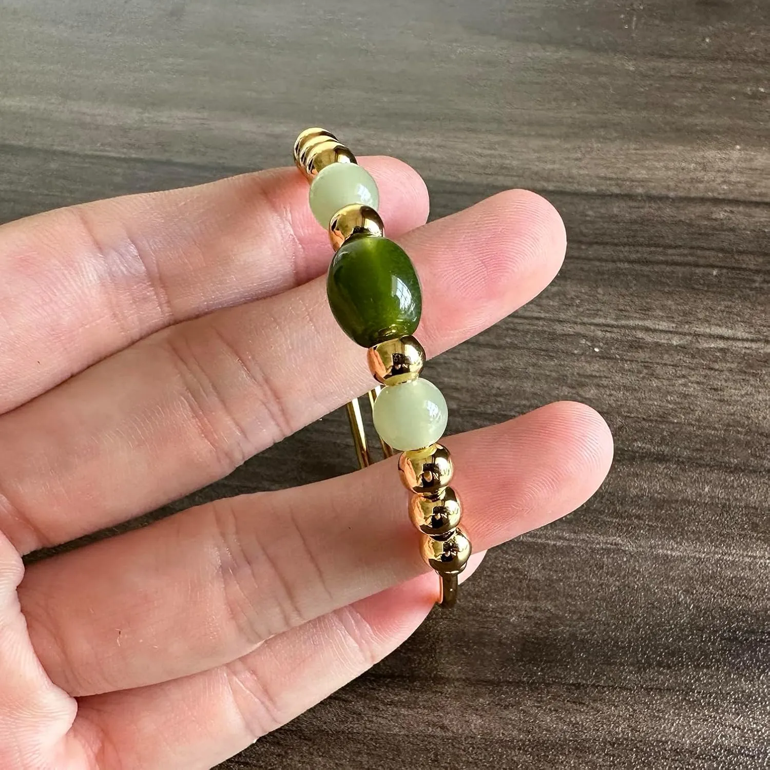 PEAS 18K Gold Plated Jewelry Faux Jade Bead Stone Bracelet Adjustable Cuff Bracelet