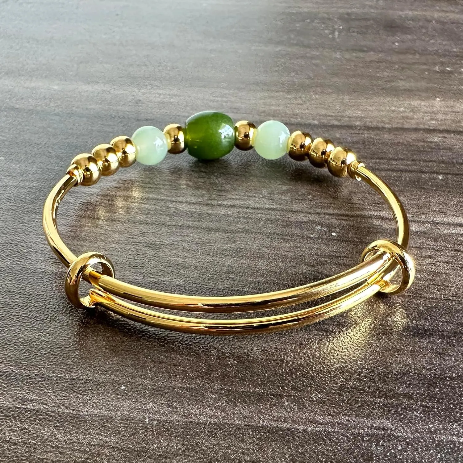 PEAS 18K Gold Plated Jewelry Faux Jade Bead Stone Bracelet Adjustable Cuff Bracelet