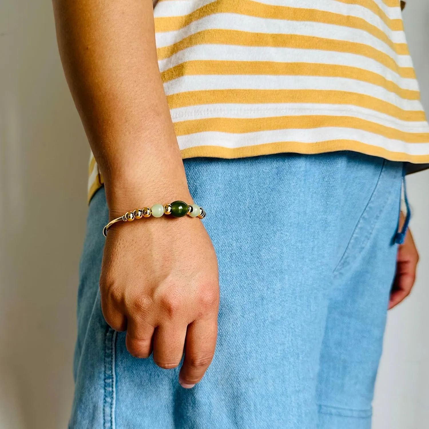 PEAS 18K Gold Plated Jewelry Faux Jade Bead Stone Bracelet Adjustable Cuff Bracelet