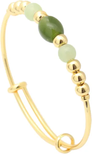PEAS 18K Gold Plated Jewelry Faux Jade Bead Stone Bracelet Adjustable Cuff Bracelet