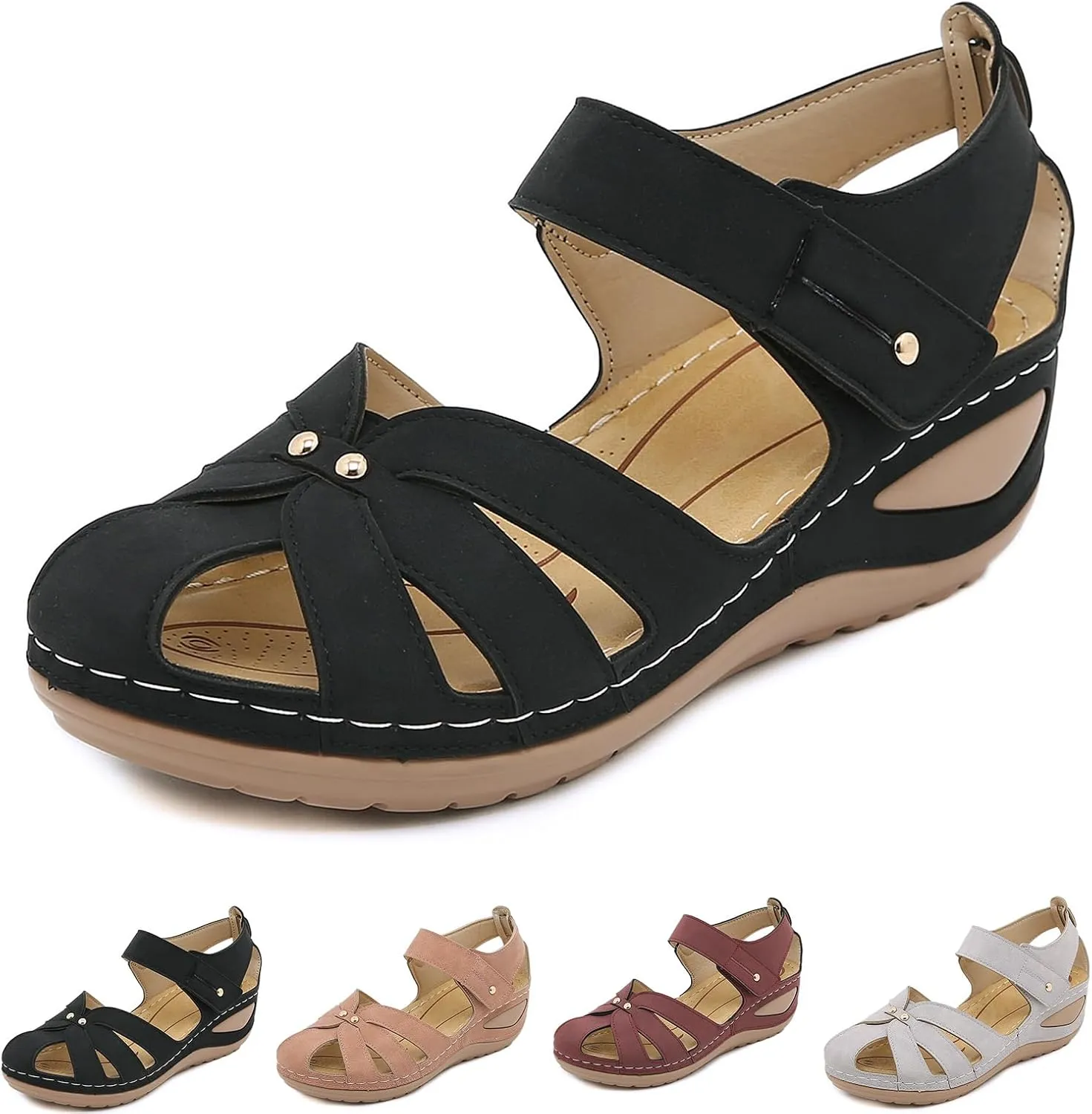 Platform Wedge Sandals for Women Ankle Strap Buckle Espadrille Summer Comfortable Cushioned Insole Wedge Sandal Slip On Closed Toe Sandals Fisherman Hollow Out Flat Shoes
