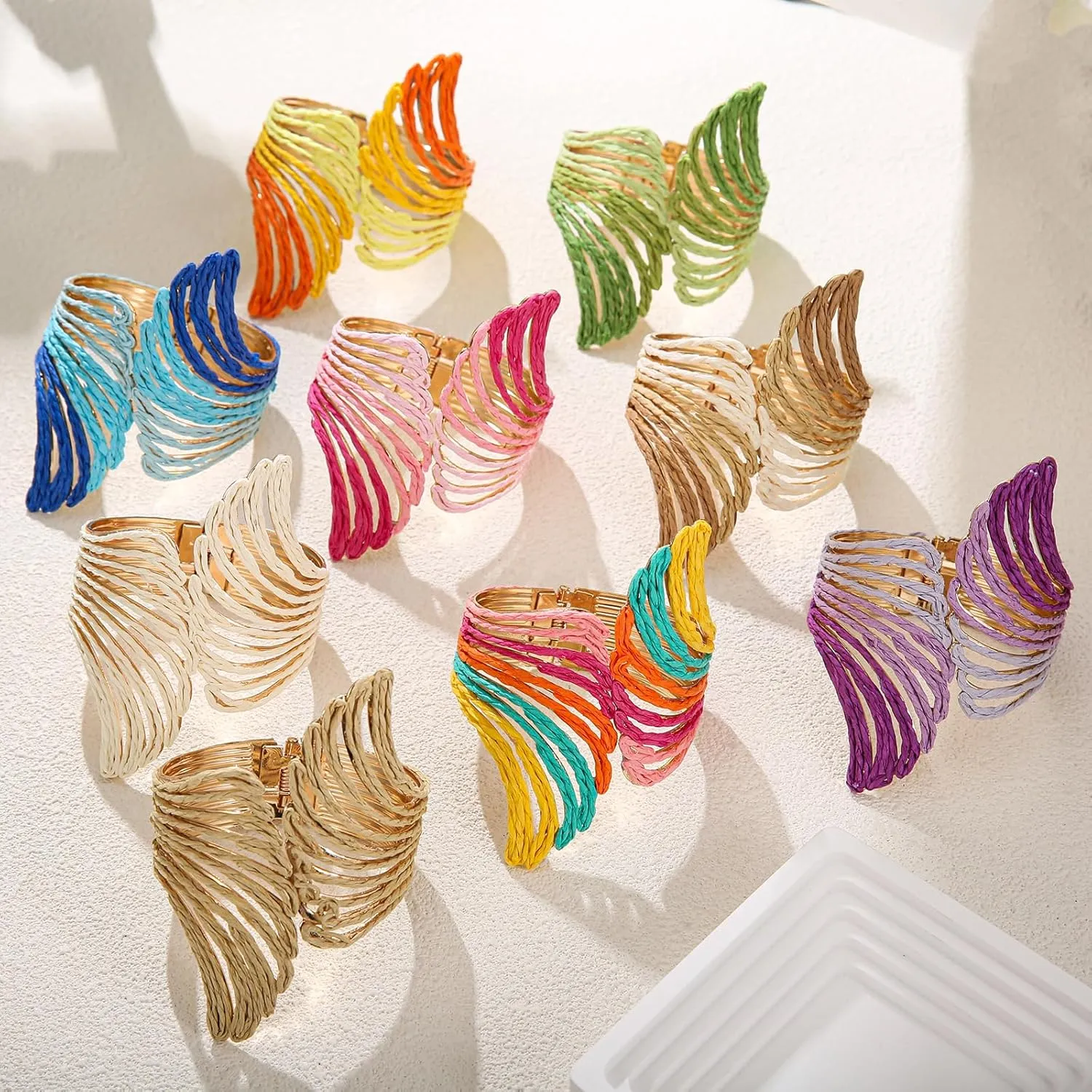 Raffia Wing Cuff Bracelet for Women, Colorful Angel Wing Bangle Wide Chunky Wrist Cuff Bracelet