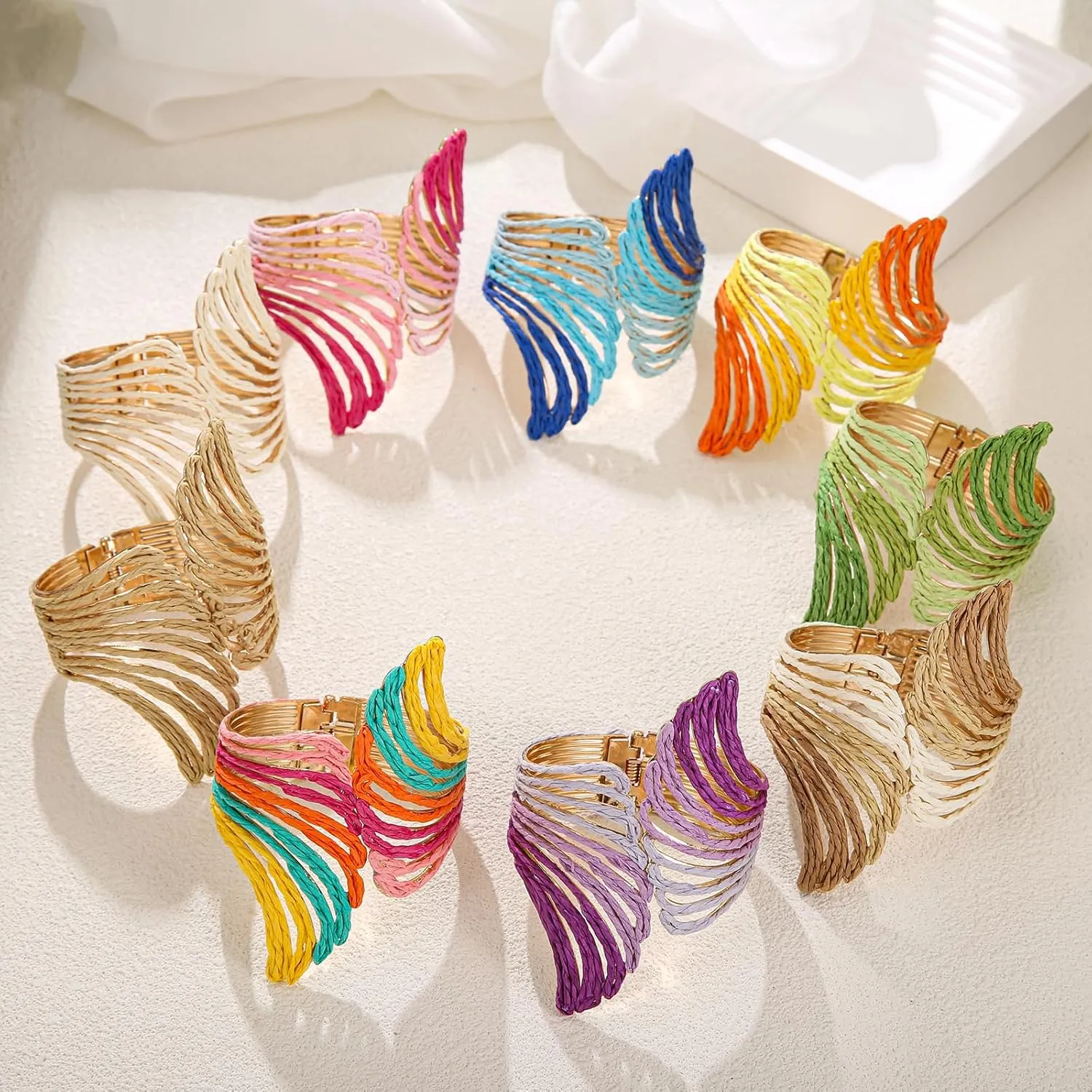 Raffia Wing Cuff Bracelet for Women, Colorful Angel Wing Bangle Wide Chunky Wrist Cuff Bracelet