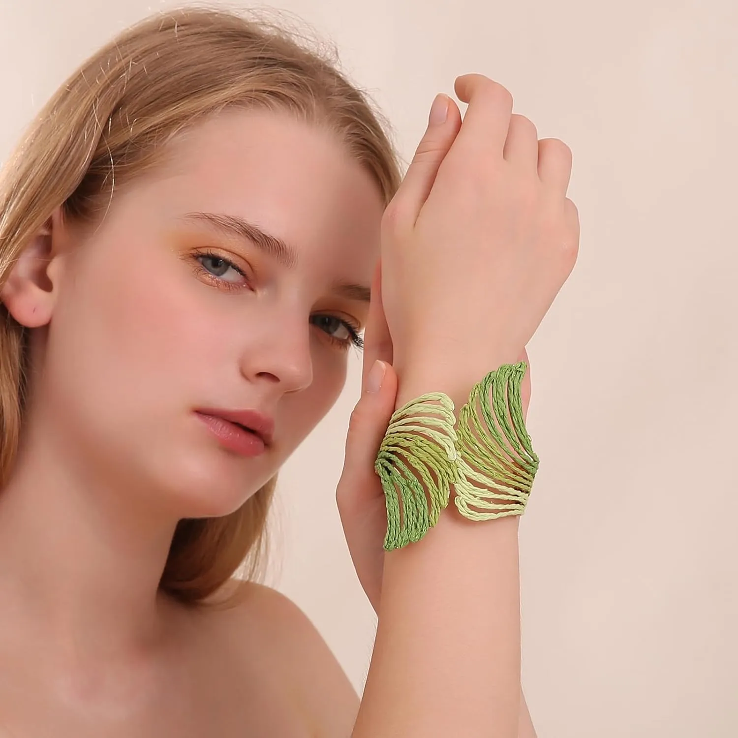 Raffia Wing Cuff Bracelet for Women, Colorful Angel Wing Bangle Wide Chunky Wrist Cuff Bracelet