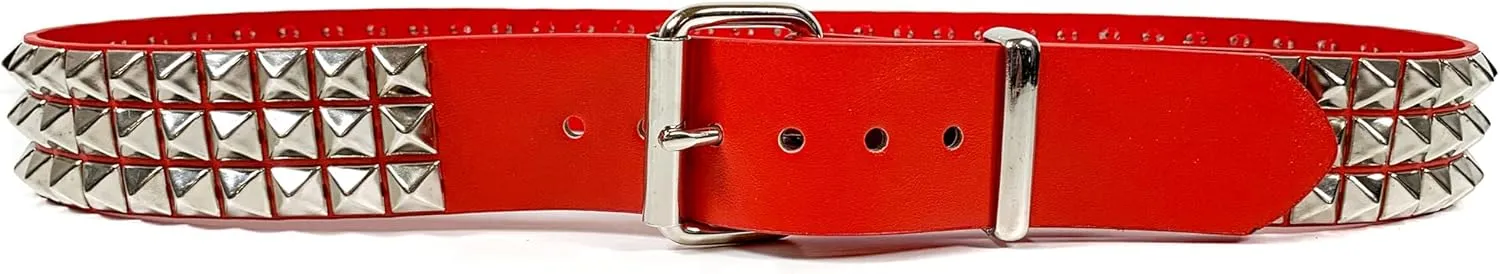 Red Three Row Pyramid Stud Belt Vegan Leather Punk Goth Alternative USA Made