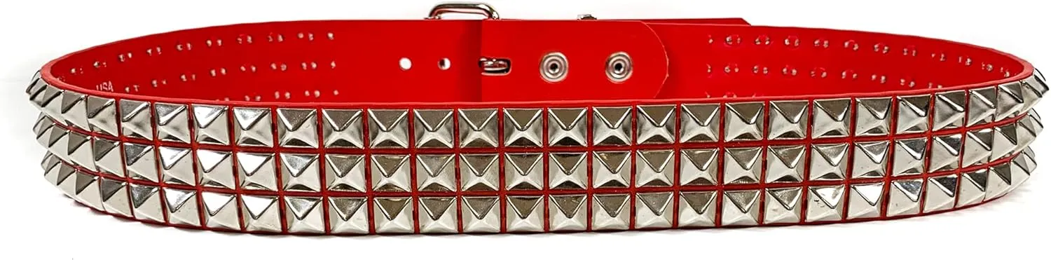 Red Three Row Pyramid Stud Belt Vegan Leather Punk Goth Alternative USA Made