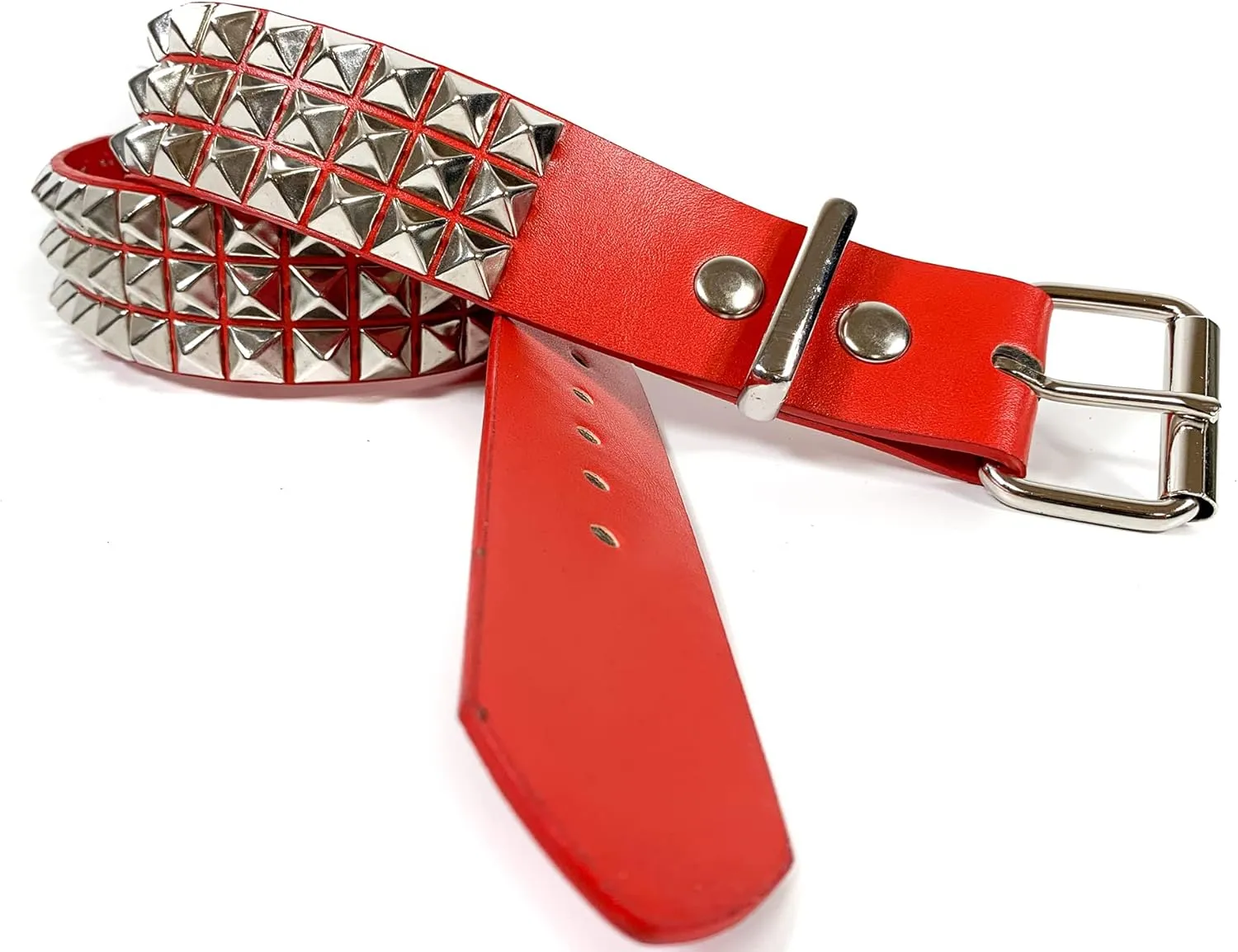 Red Three Row Pyramid Stud Belt Vegan Leather Punk Goth Alternative USA Made