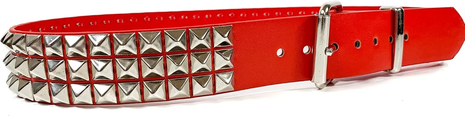 Red Three Row Pyramid Stud Belt Vegan Leather Punk Goth Alternative USA Made