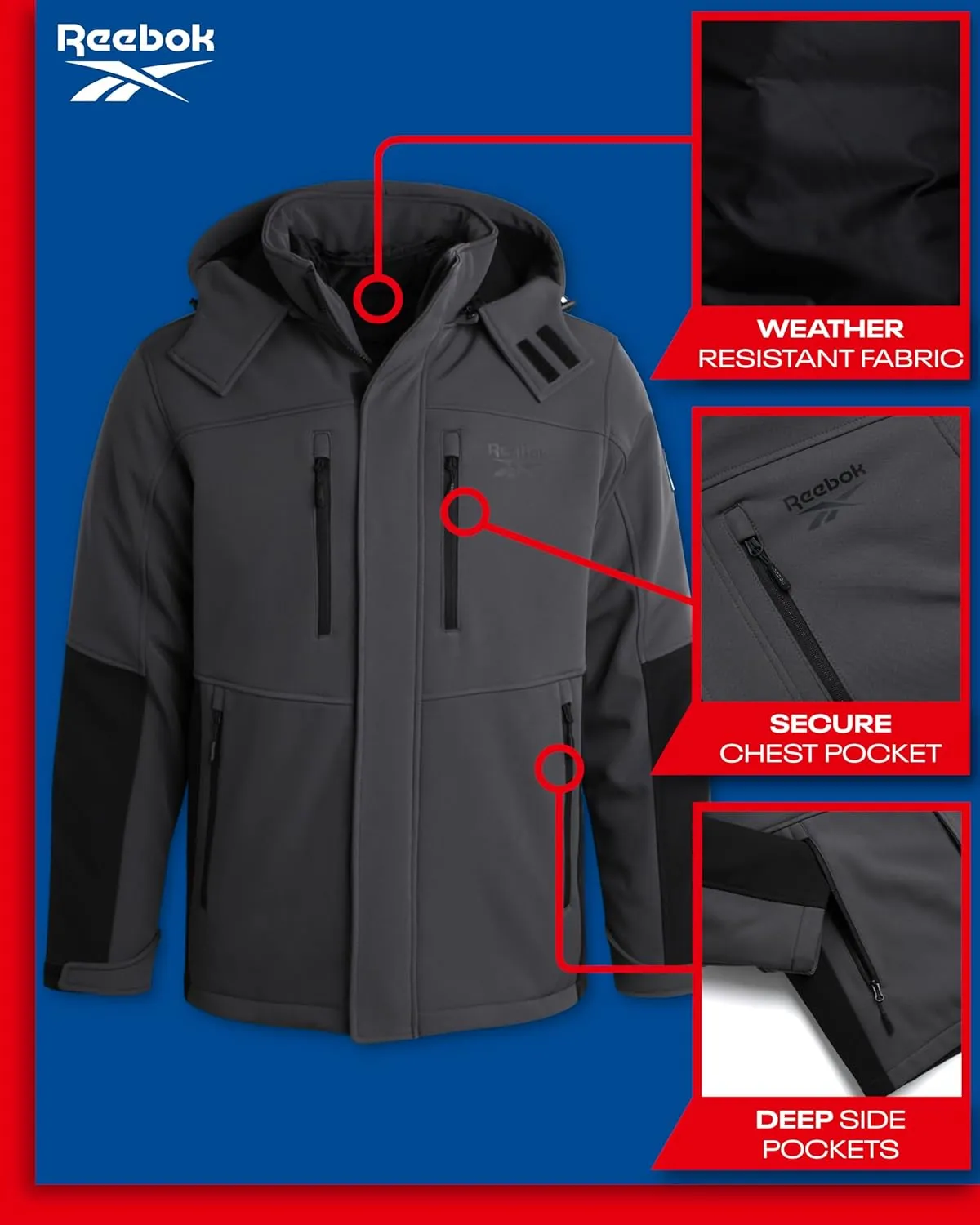 Reebok Men's Winter Coat ?CSoftshell Jacket with Removable Puffer Coat ?C System Ski Jacket for Men (M-XXL)