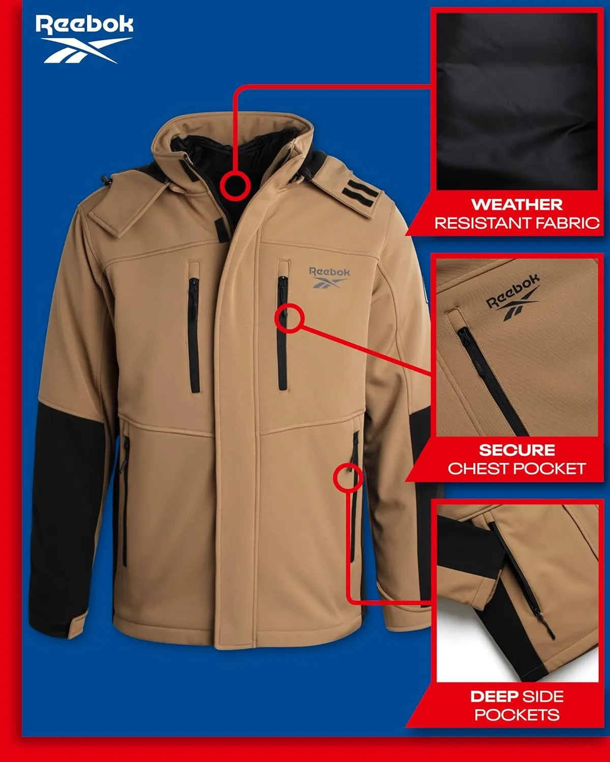 Reebok Men's Winter Coat ?CSoftshell Jacket with Removable Puffer Coat ?C System Ski Jacket for Men (M-XXL)