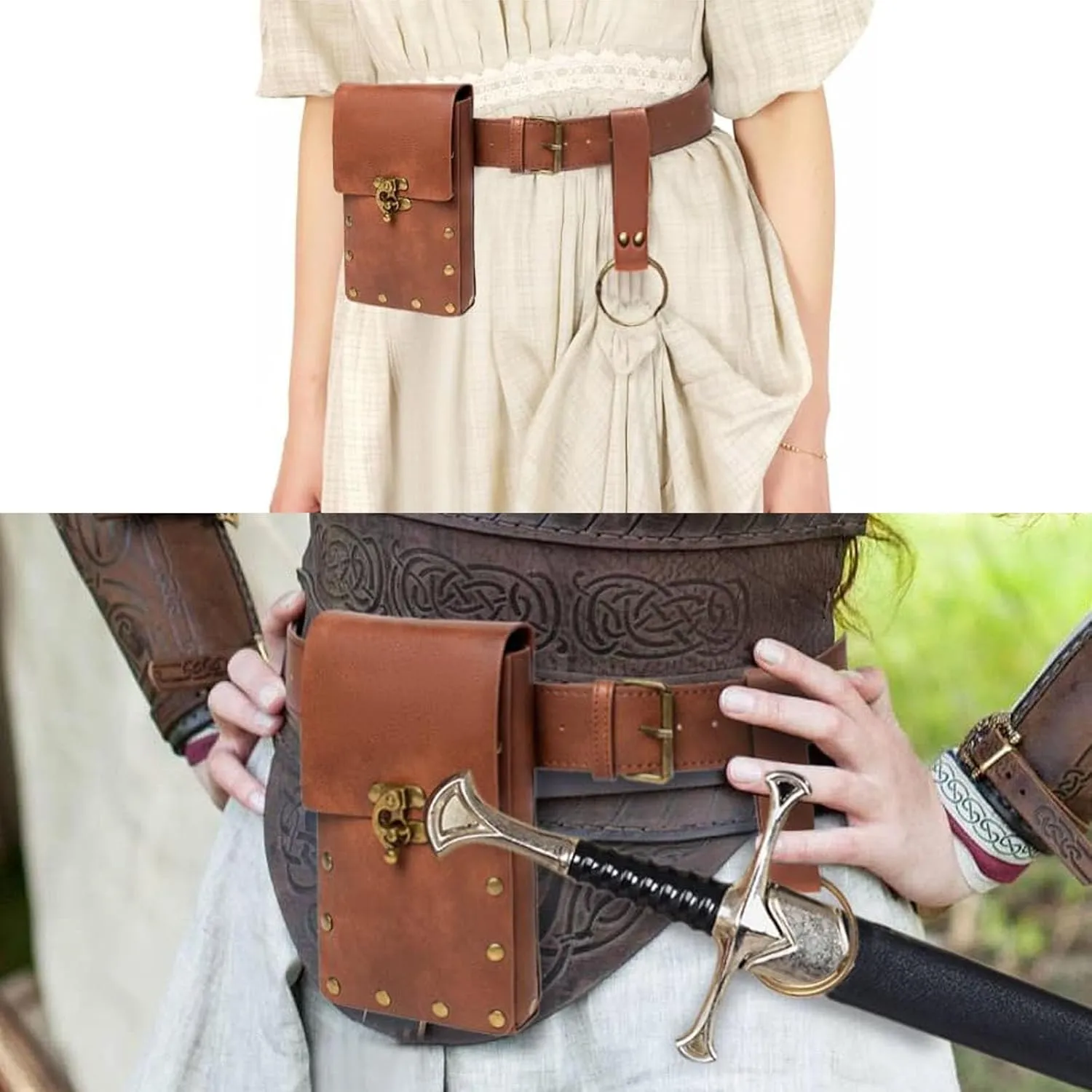 Renaissance Belt Pouch Coin Purse Skirt Hike Set Medieval Festival Costume Halloween Accessories Casual Fanny Pack Waist Bag (3Bottle-Brown)