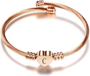 Rose Gold Women Heart Initial A-Z Letter Cuff Bracelets Name Expandable Bangle Bracelet Birthday Gifts