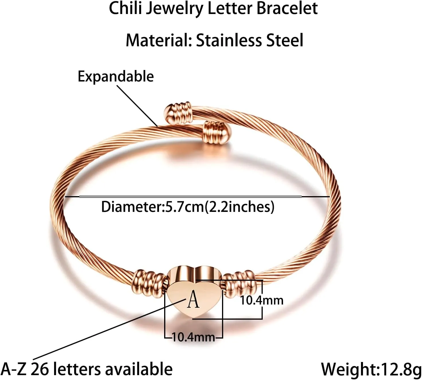 Rose Gold Women Heart Initial A-Z Letter Cuff Bracelets Name Expandable Bangle Bracelet Birthday Gifts
