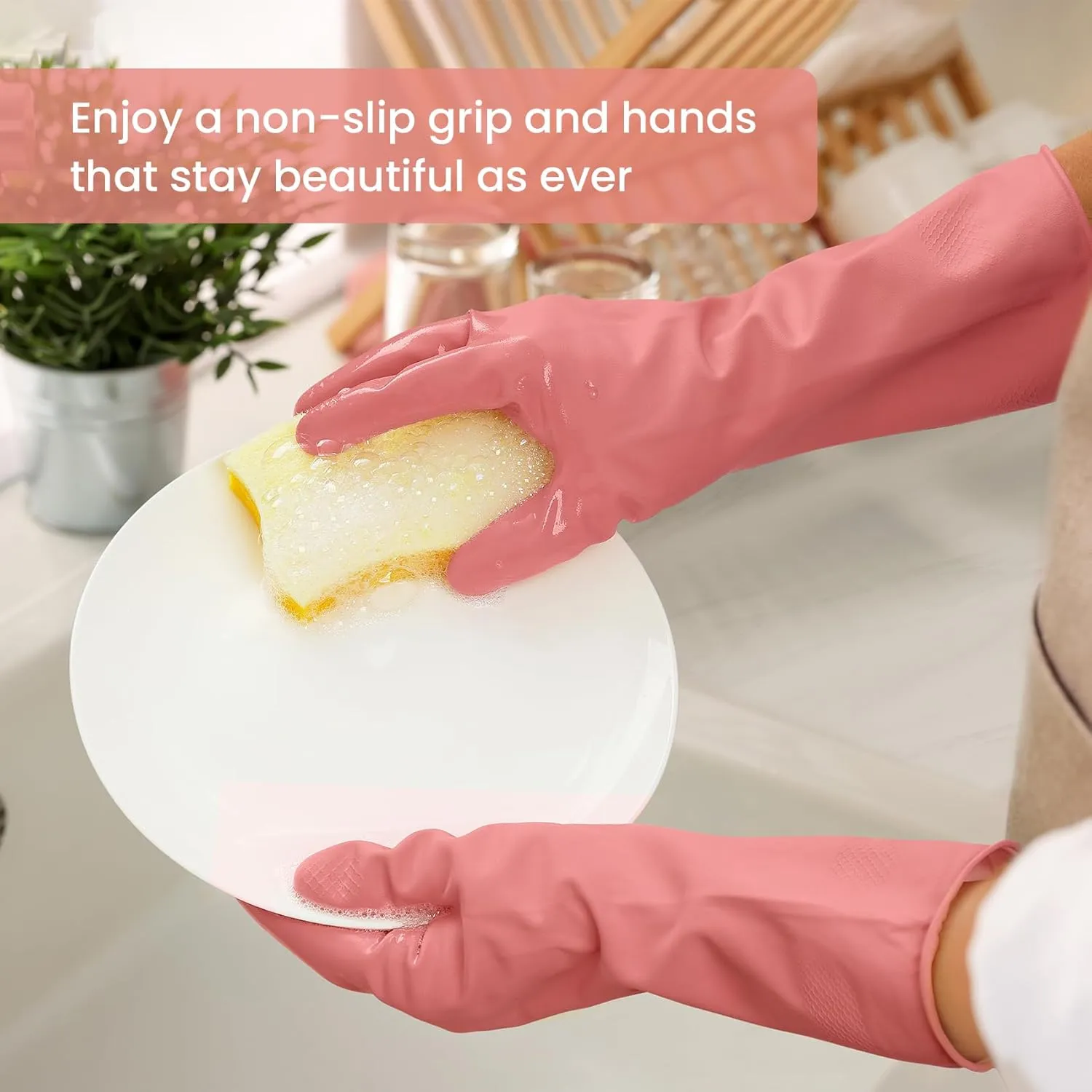Rubber Cleaning Gloves for Dishwashing, 4 Pairs Reusable Kitchen Gloves for Washing Dishes and Household Cleaning, Colorful Dish Gloves with Flocked Lining and Non-Slip Grip, Pefect for Woman Men - S