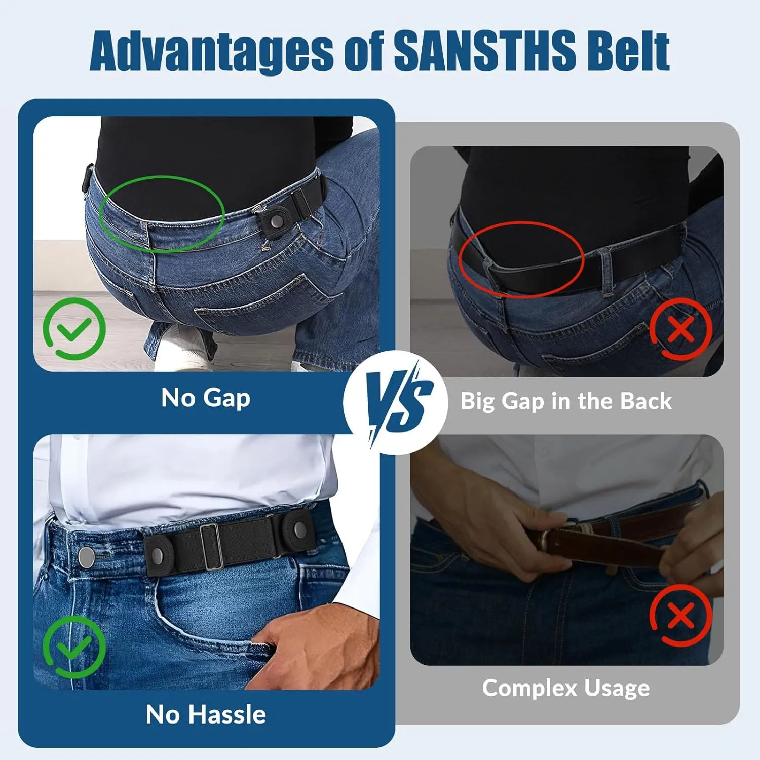 SANSTHS No Buckle Belts for Men Women, Stretch Elastic No Buckle Belt Invisible Buckleless Belt for Jeans