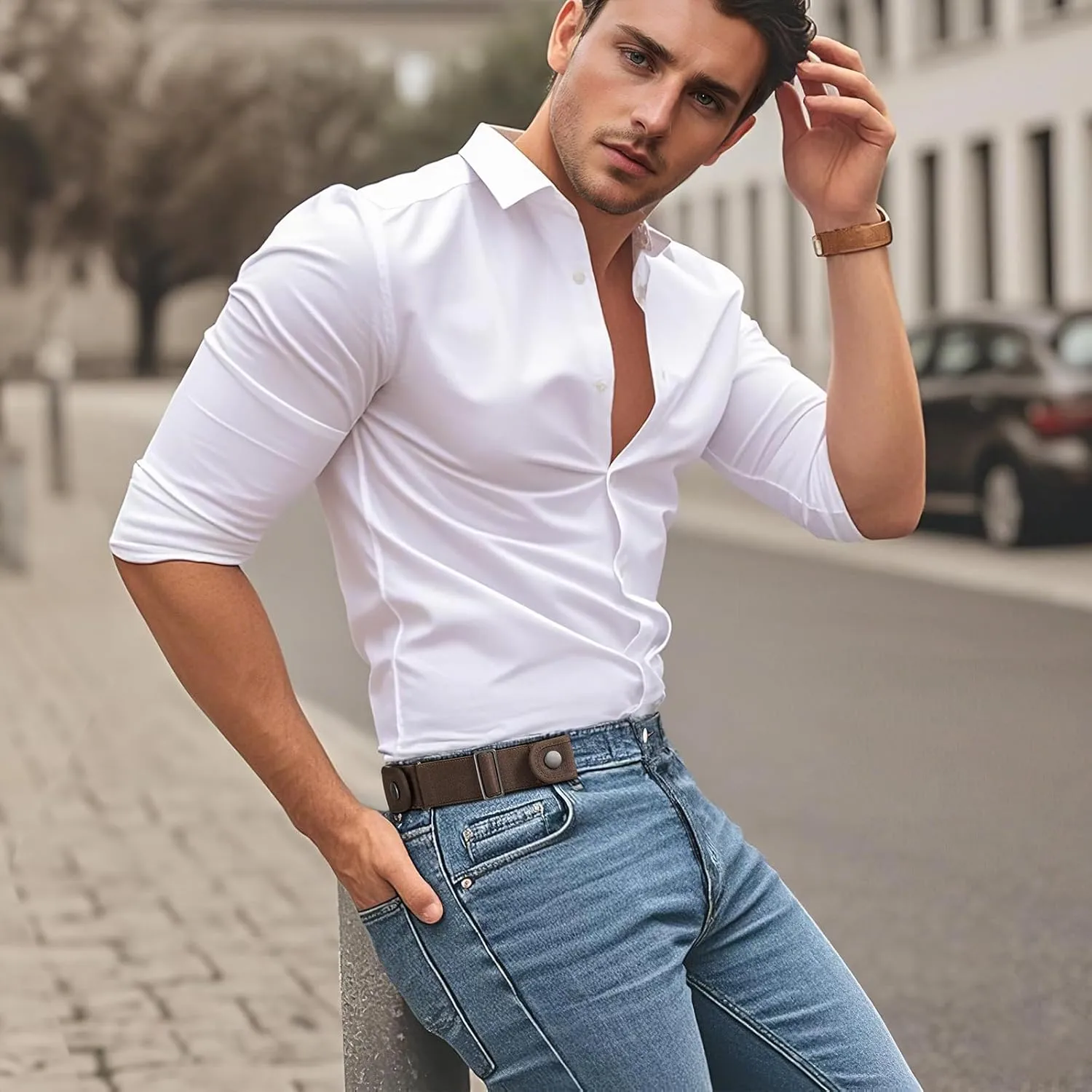 SANSTHS No Buckle Belts for Men Women, Stretch Elastic No Buckle Belt Invisible Buckleless Belt for Jeans