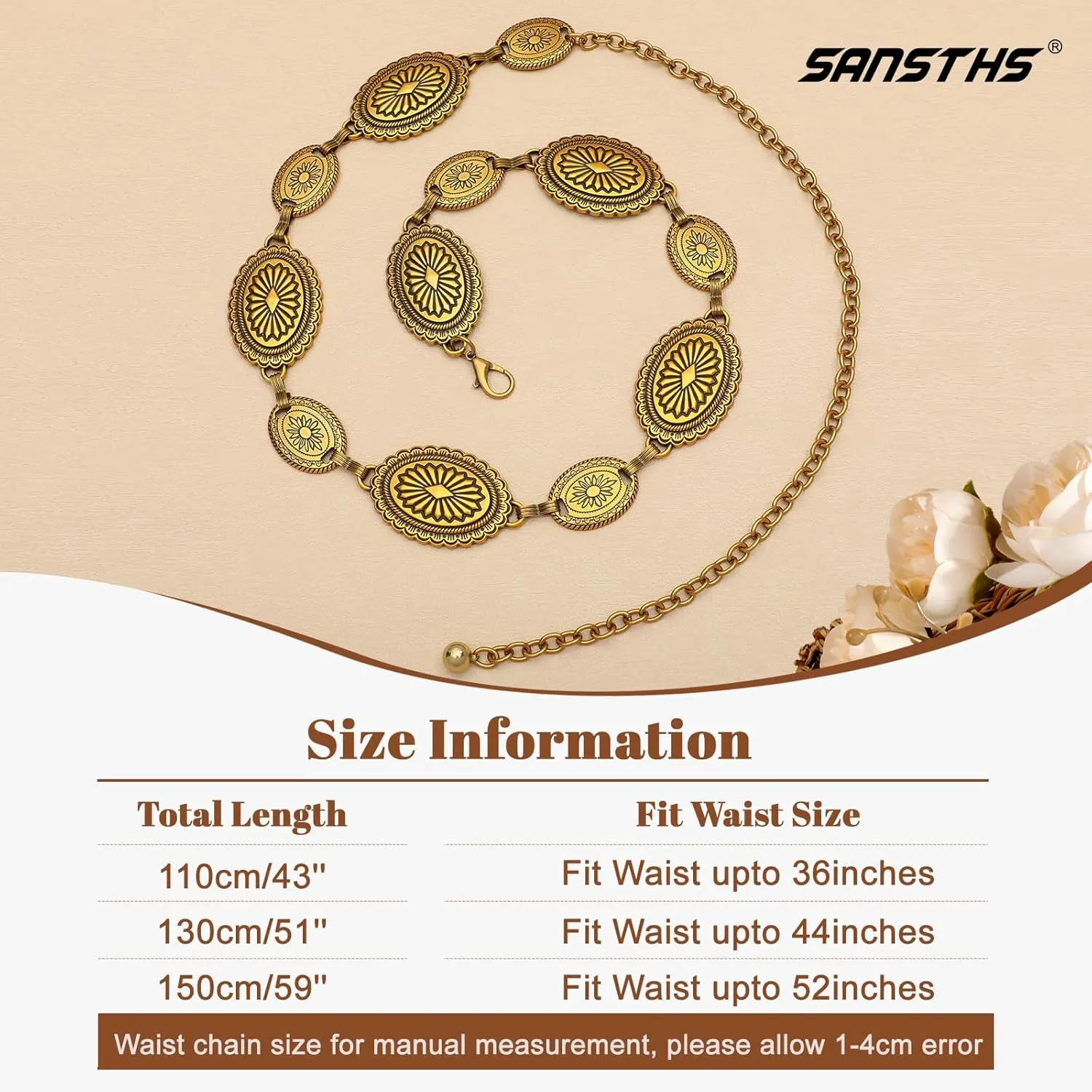 SANSTHS Women Western Metal Chain Belt Cowgirl Waist Chain Belt for Dresses Jeans Concho Gold Chain Hip Belt
