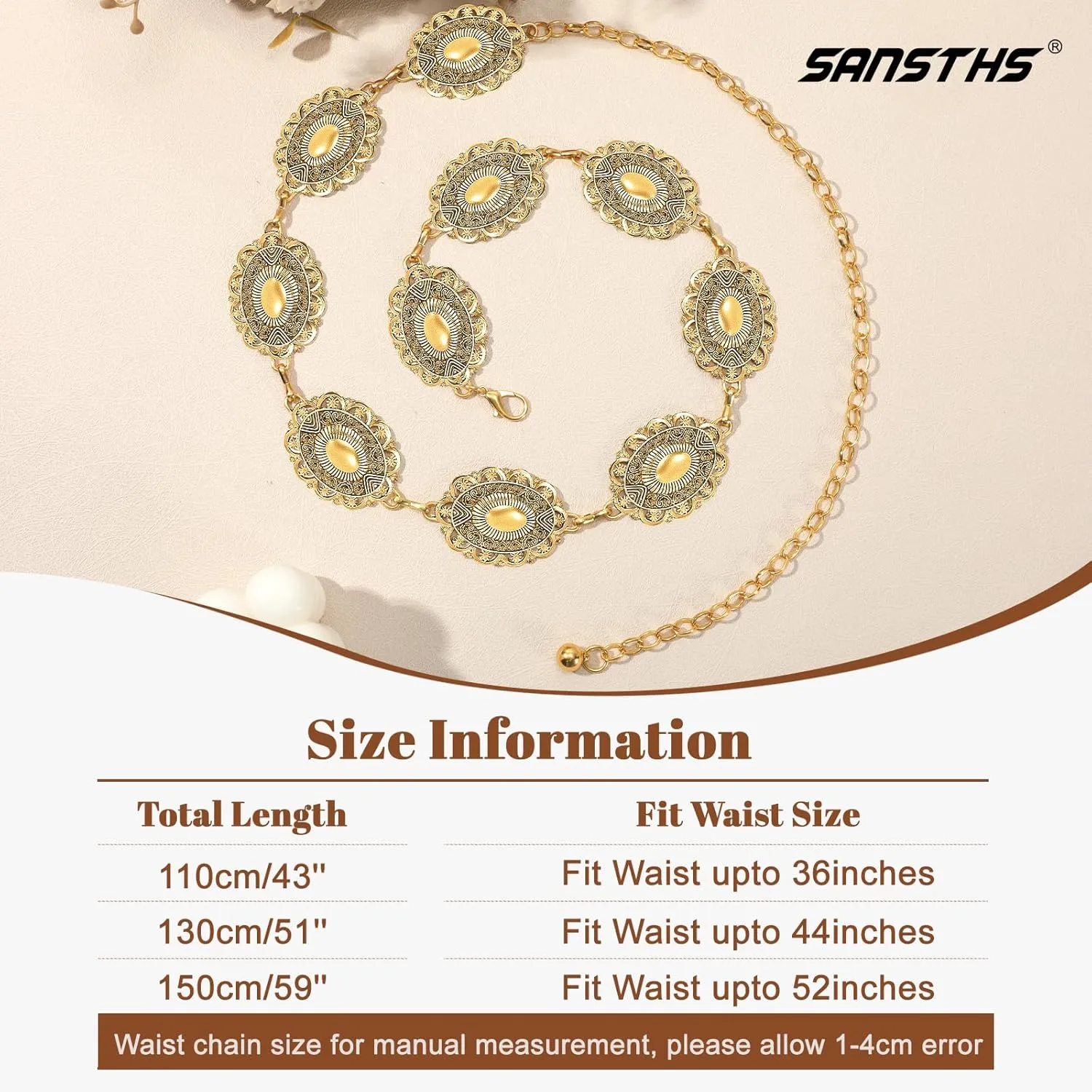 SANSTHS Women Western Metal Chain Belt Cowgirl Waist Chain Belt for Dresses Jeans Concho Gold Chain Hip Belt