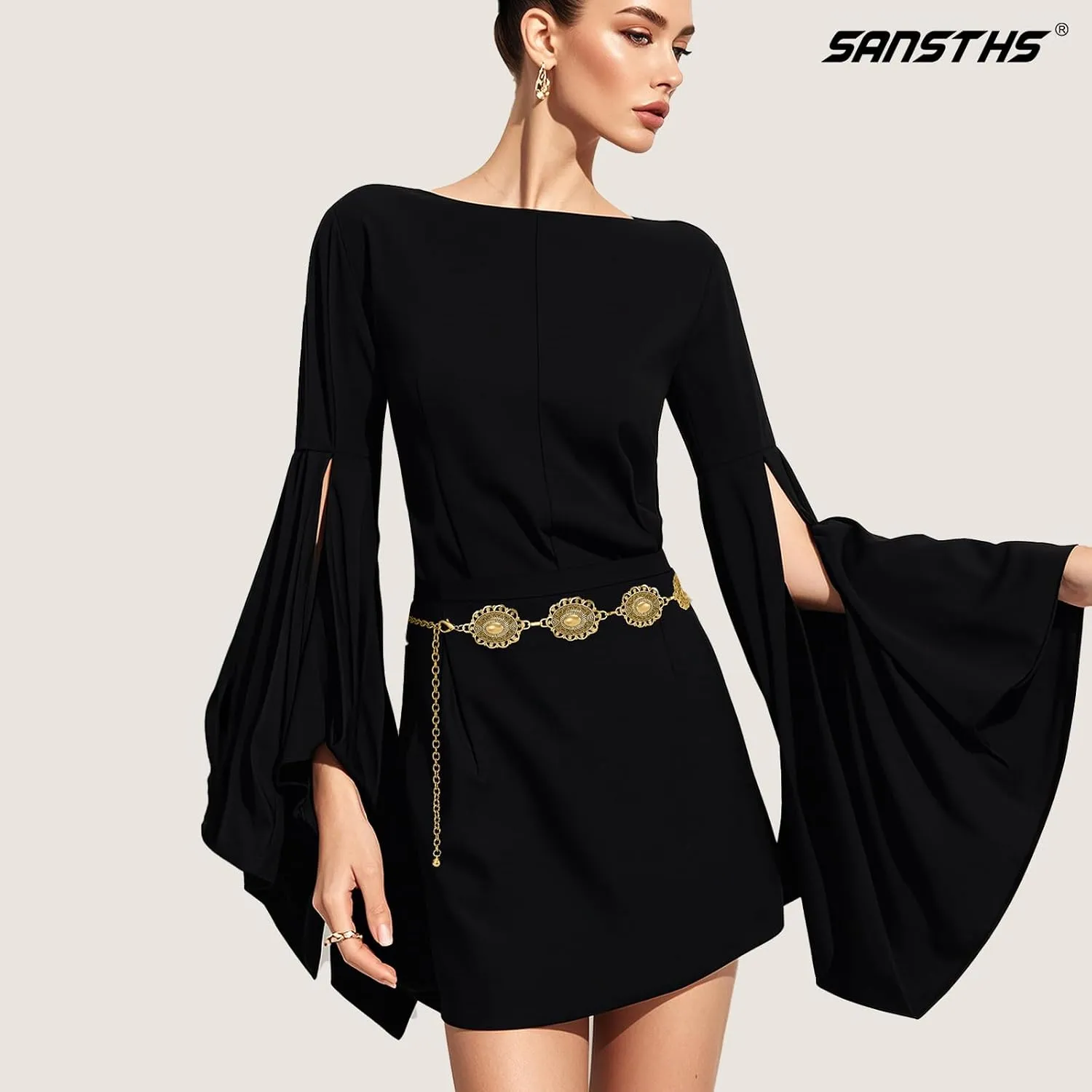 SANSTHS Women Western Metal Chain Belt Cowgirl Waist Chain Belt for Dresses Jeans Concho Gold Chain Hip Belt