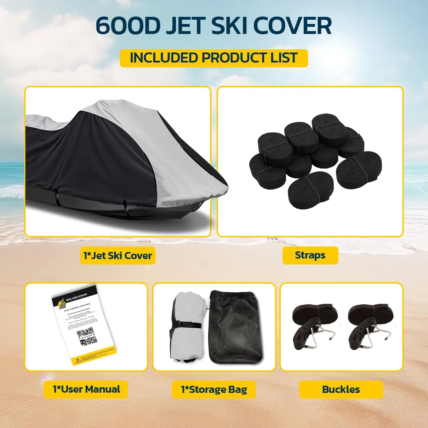 Seal Skin Covers Heavy Duty Jet Ski Cover Marine Grade Waterproof UV Resistant PWC Cover for 4 Seater Compatible with Yamaha Sea-Doo Kawasaki fits 136"-145"