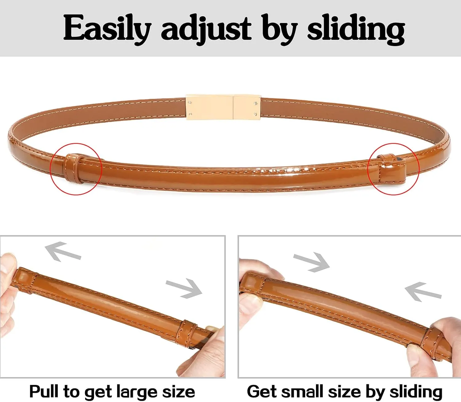 Skinny Leather Belts for Women Slim Waist Belt Patent Leather with Gold Buckle for Dress
