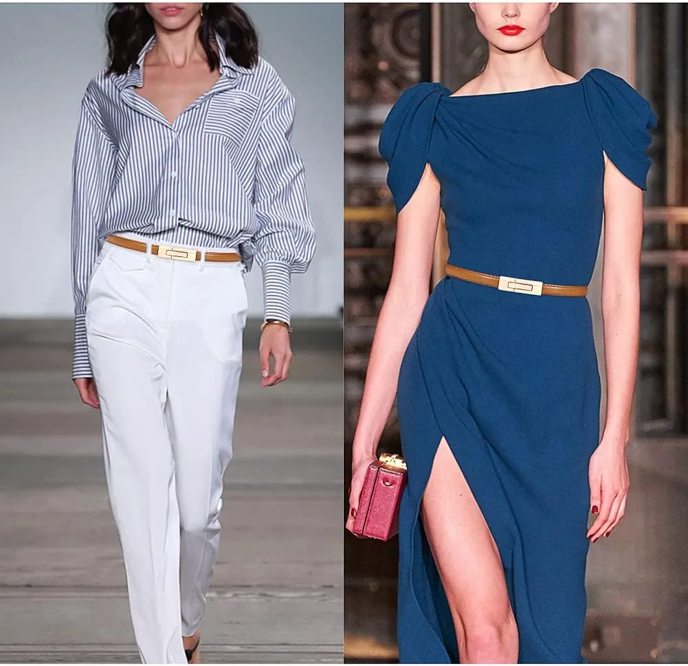 Skinny Leather Belts for Women Slim Waist Belt Patent Leather with Gold Buckle for Dress