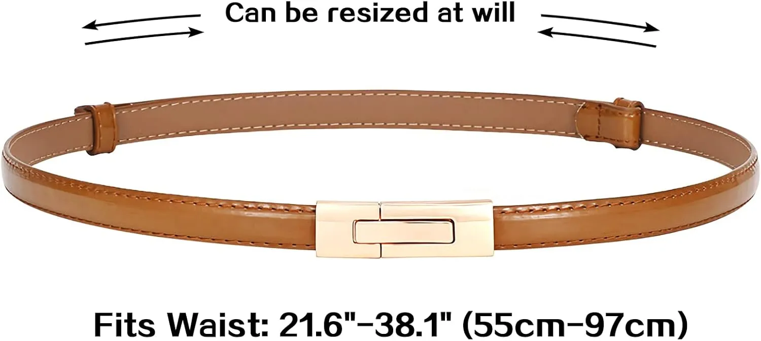 Skinny Leather Belts for Women Slim Waist Belt Patent Leather with Gold Buckle for Dress