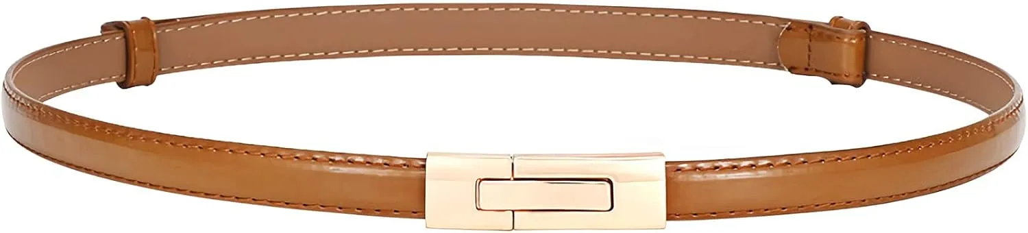 Skinny Leather Belts for Women Slim Waist Belt Patent Leather with Gold Buckle for Dress
