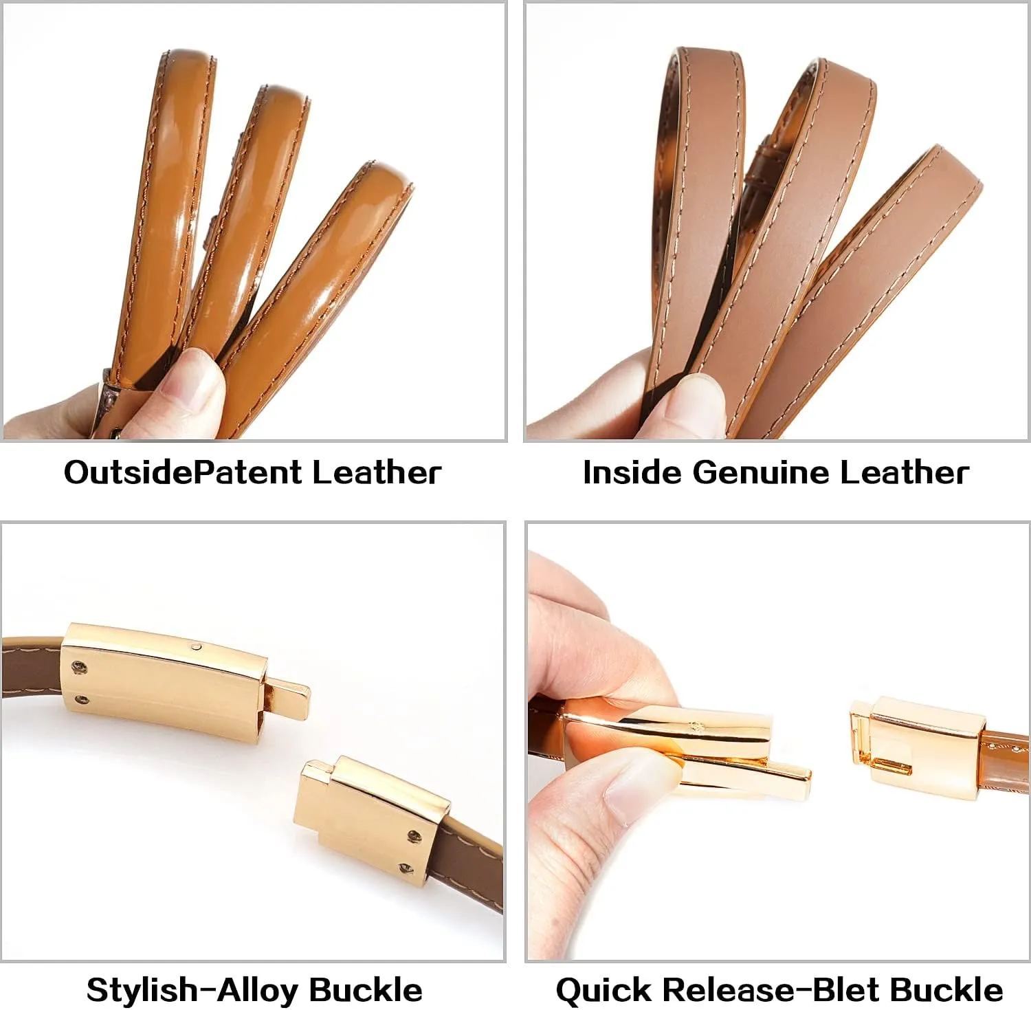 Skinny Leather Belts for Women Slim Waist Belt Patent Leather with Gold Buckle for Dress