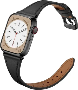 Slim Leather Bands Compatible with Apple Watch Band 42mm 41mm 40mm 38mm, Genuine Leather Replacement Strap for iWatch Series 10/9/8/7/6/5/4/3/2/1/SE Women, Black/Black