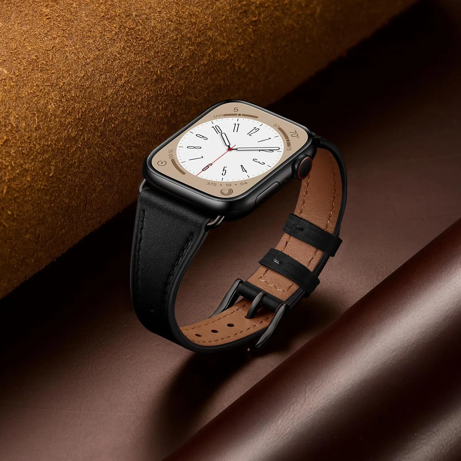 Slim Leather Bands Compatible with Apple Watch Band 42mm 41mm 40mm 38mm, Genuine Leather Replacement Strap for iWatch Series 10/9/8/7/6/5/4/3/2/1/SE Women, Black/Black