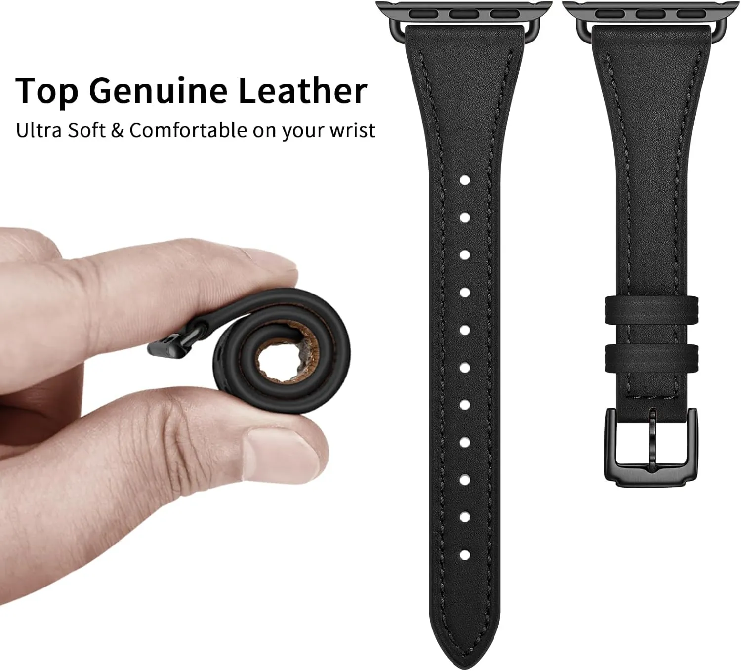 Slim Leather Bands Compatible with Apple Watch Band 42mm 41mm 40mm 38mm, Genuine Leather Replacement Strap for iWatch Series 10/9/8/7/6/5/4/3/2/1/SE Women, Black/Black