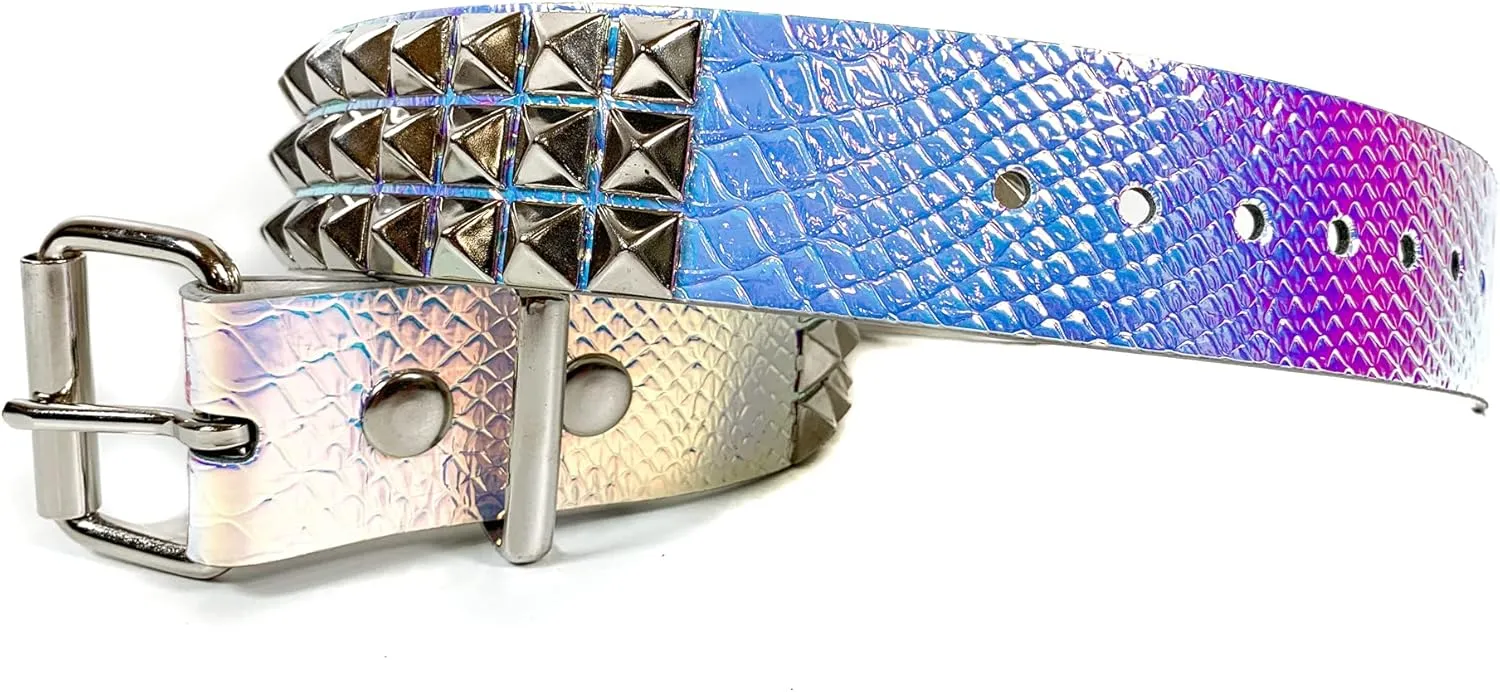 Snake Rainbow Holographic Three Row Black Pyramid Stud Rave Studded Belt Vegan Punk Goth
