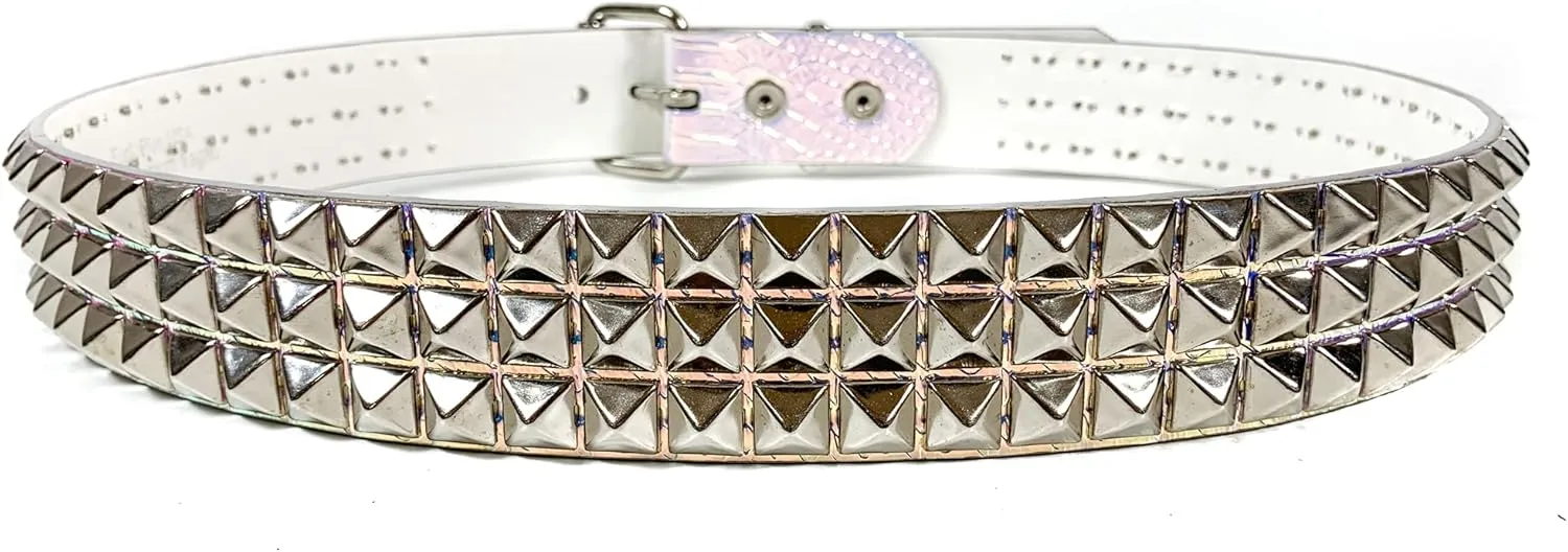 Snake Rainbow Holographic Three Row Black Pyramid Stud Rave Studded Belt Vegan Punk Goth