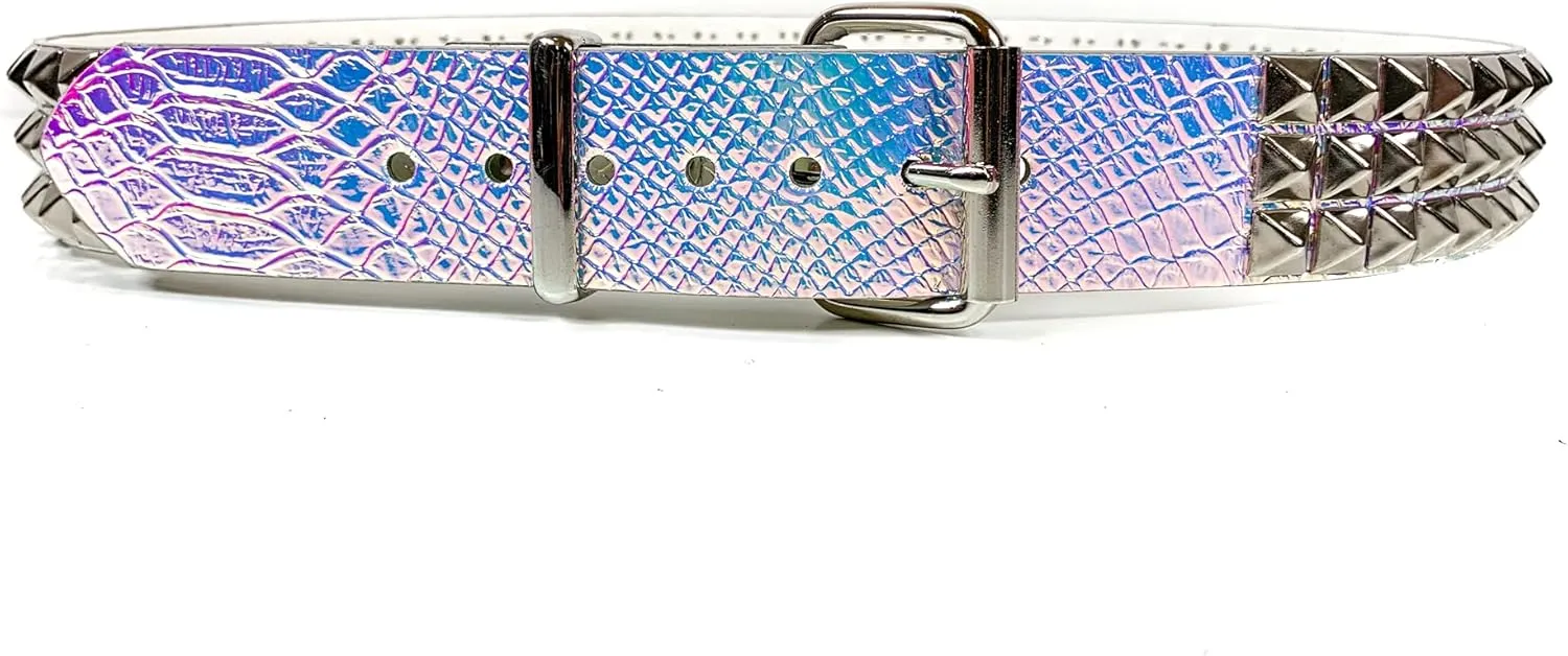 Snake Rainbow Holographic Three Row Black Pyramid Stud Rave Studded Belt Vegan Punk Goth