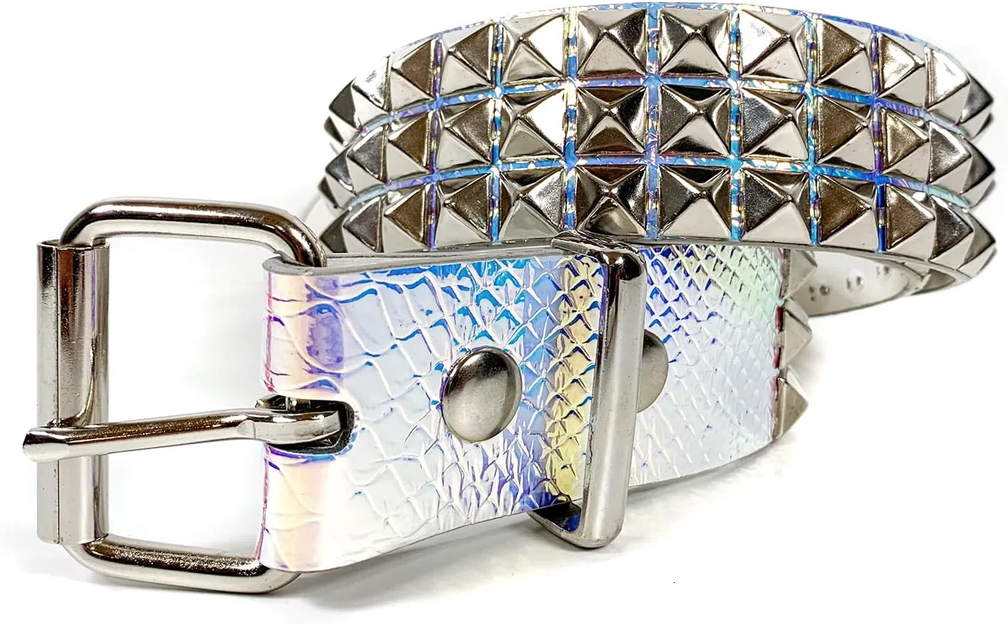Snake Rainbow Holographic Three Row Black Pyramid Stud Rave Studded Belt Vegan Punk Goth