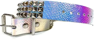 Snake Rainbow Holographic Three Row Black Pyramid Stud Rave Studded Belt Vegan Punk Goth