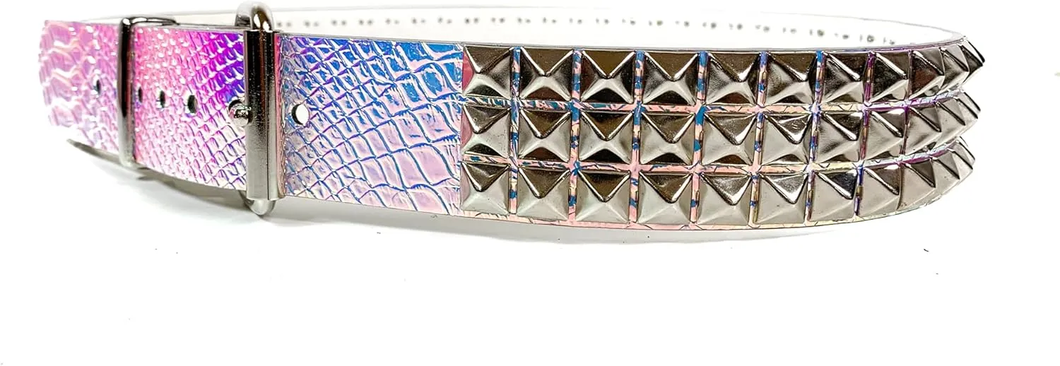 Snake Rainbow Holographic Three Row Black Pyramid Stud Rave Studded Belt Vegan Punk Goth