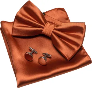Solid Color mens Pre-tied Bow Tie and Pocket Square Cufflinks Sets with Gift Box
