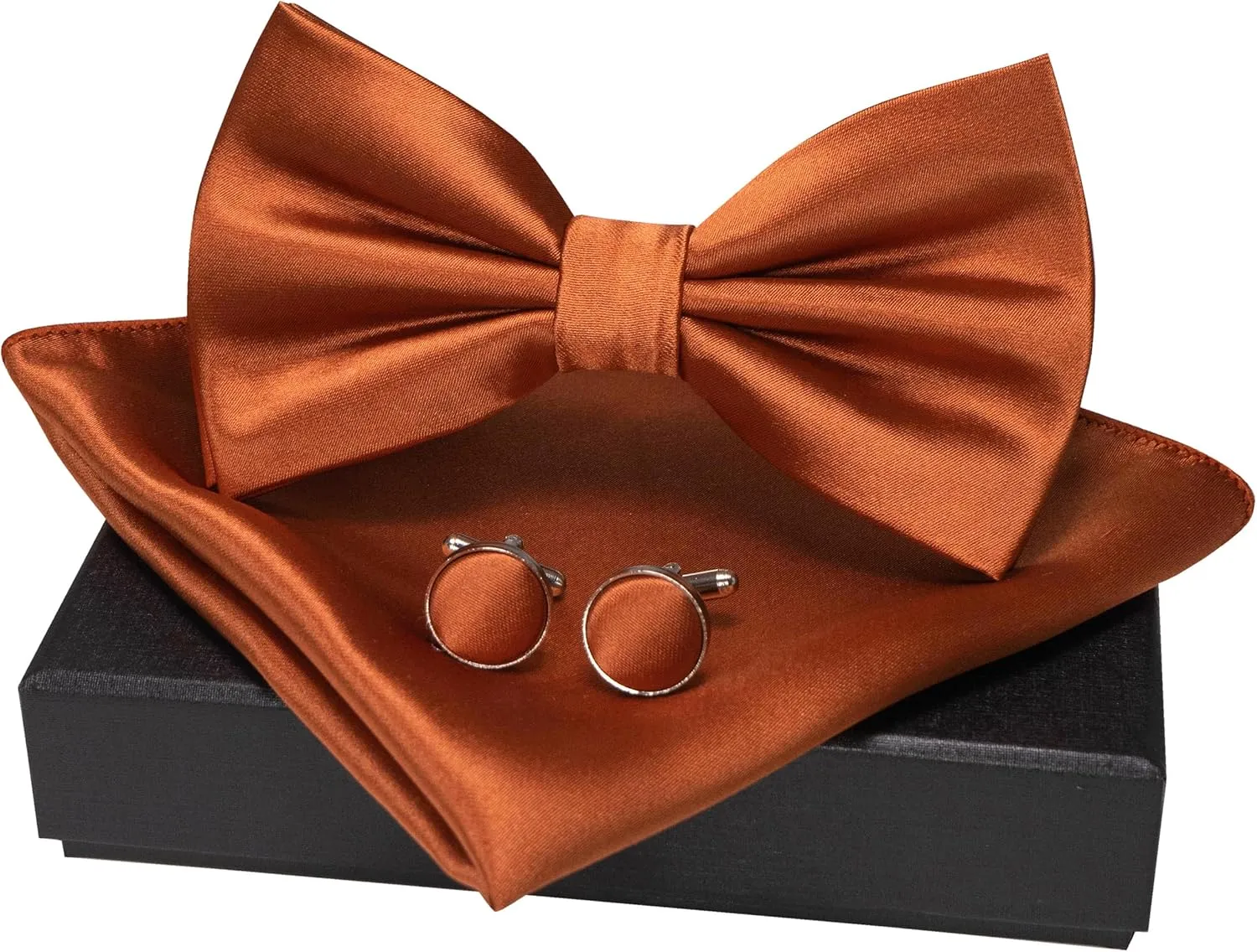 Solid Color mens Pre-tied Bow Tie and Pocket Square Cufflinks Sets with Gift Box