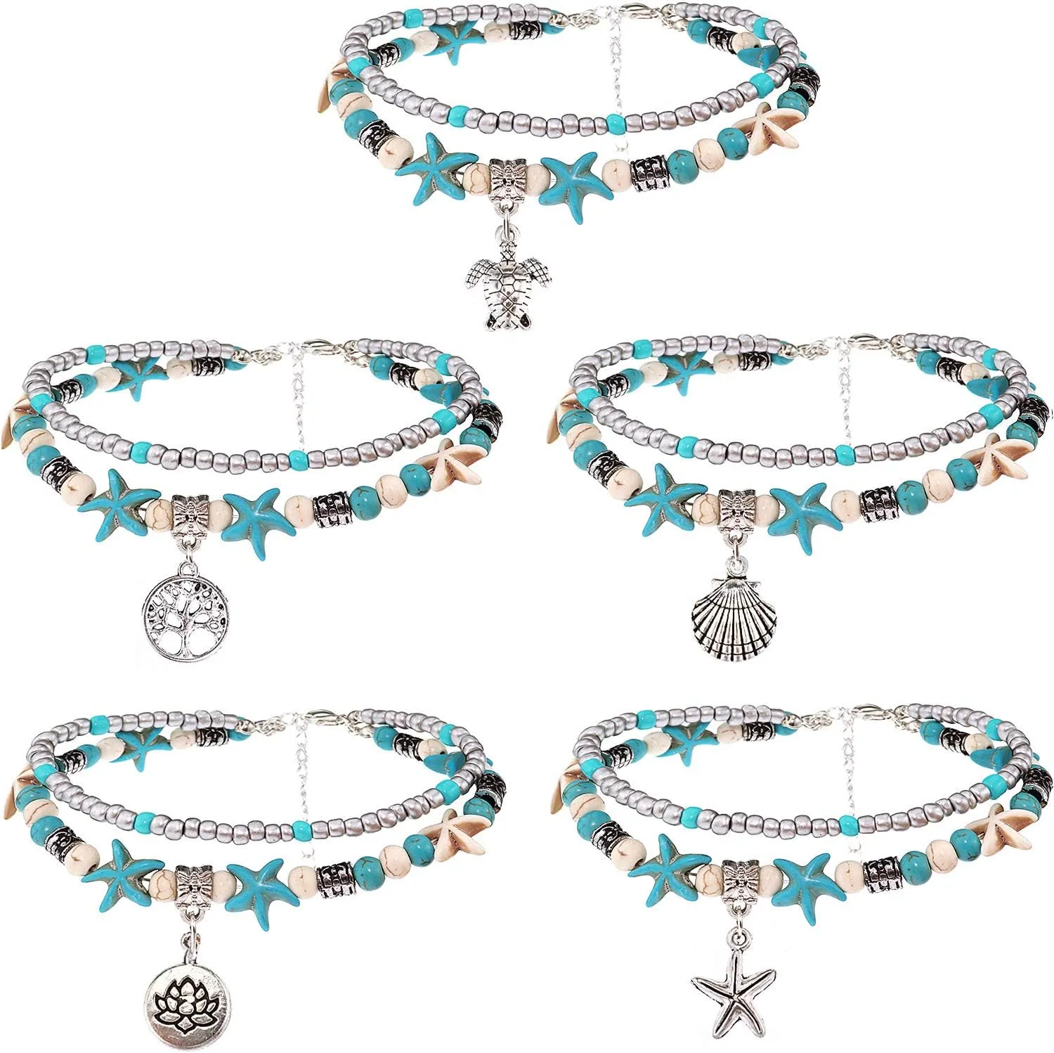 Suyi 5pcs Ankle Bracelets for Women Layered Beach Adjustable Anklets Boho Chain Anklet Foot Jewelry