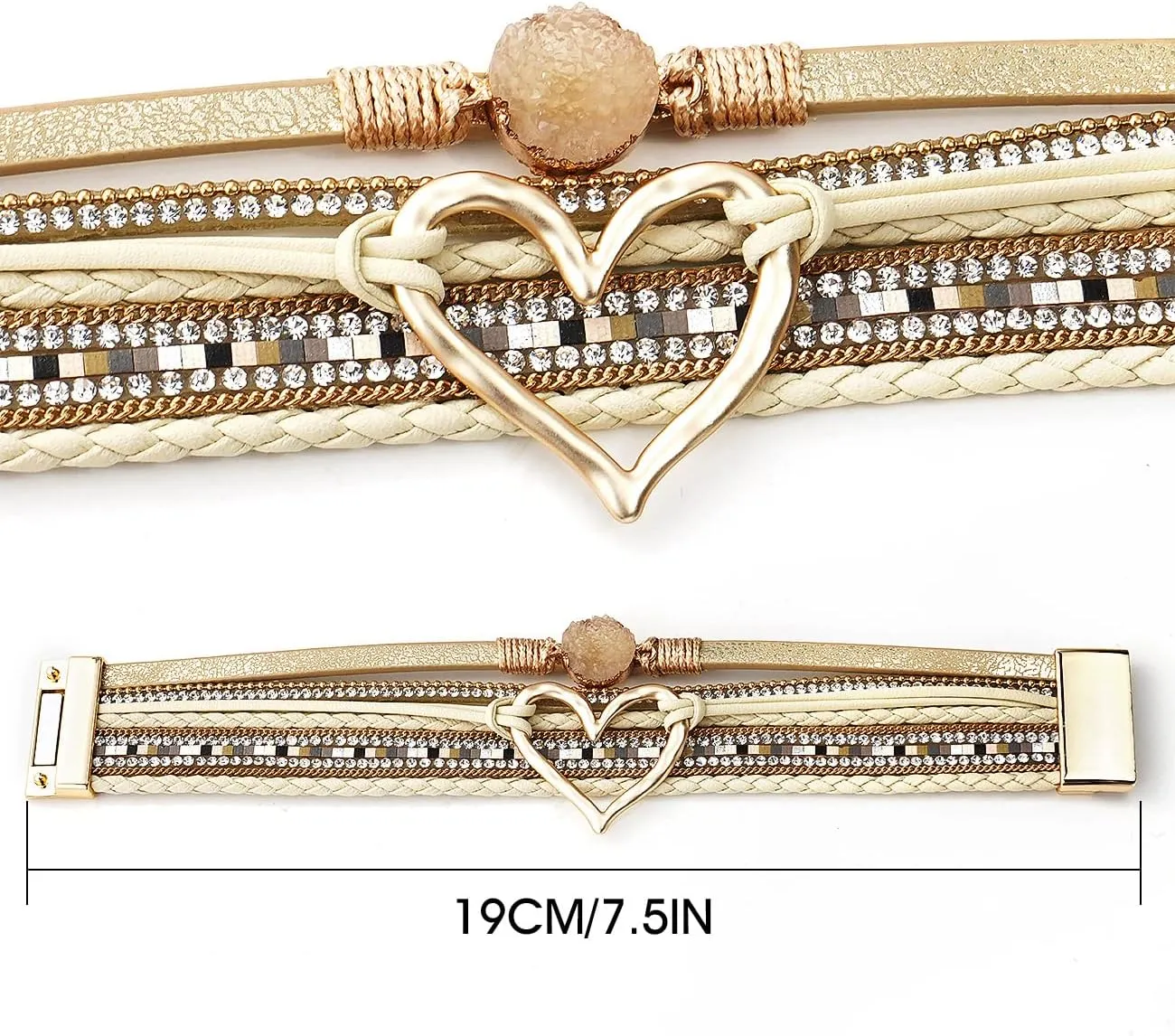 Suyi Multilayer Leather Wrap Bracelet Heart-Shape Wide Cuff Bracelets for Women