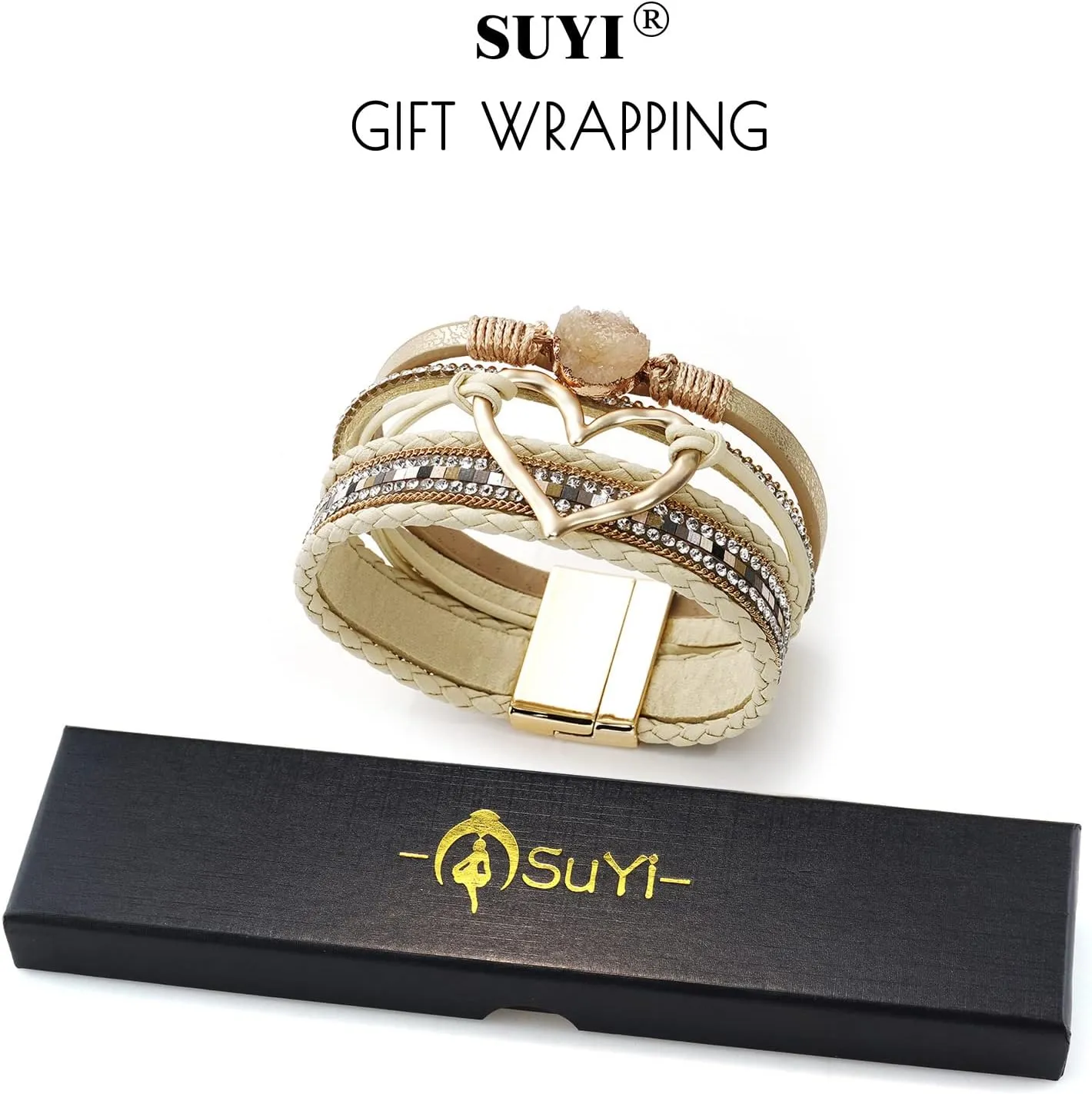 Suyi Multilayer Leather Wrap Bracelet Heart-Shape Wide Cuff Bracelets for Women