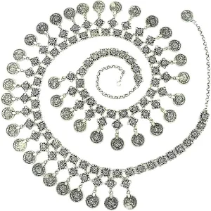 TianBo Vintage Antique Silver Color Coin Tassels Pendant Belly Dance Body Chain Waist Chains Turkish Gypsy Carving Beach Belt Body Jewelry for Women Size 35-41in Adjustable