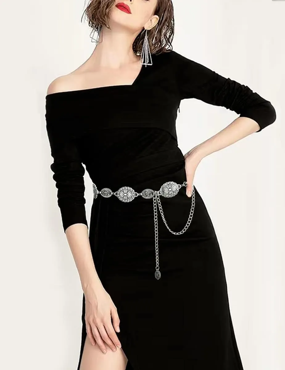 TOPACC Western Metal Concho Belt for Women Cowgirl Chain Belts for Dresses Jeans Country Concert Outfit