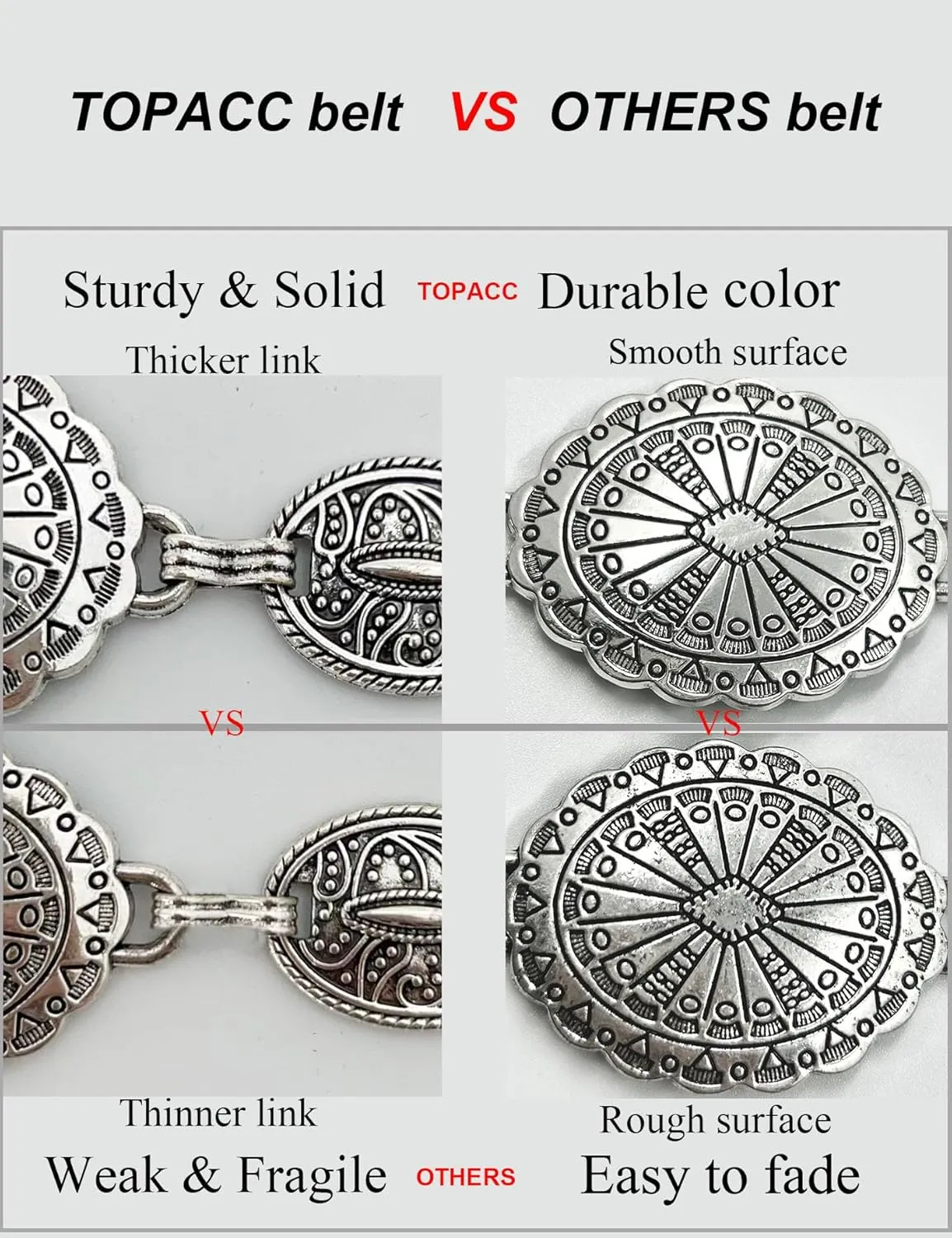 TOPACC Western Metal Concho Belt for Women Cowgirl Chain Belts for Dresses Jeans Country Concert Outfit